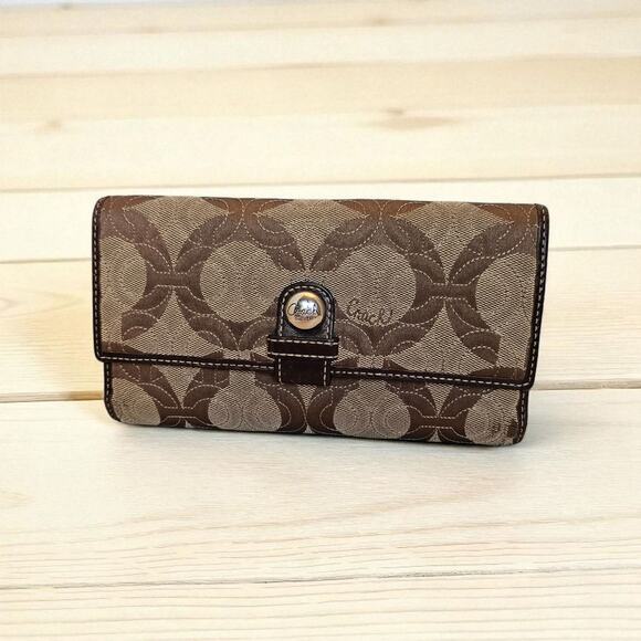 Coach Vintage Signature Brown Tan Logo Long Trifold Wallet Checkbook Clutch - Picture 1 of 12
